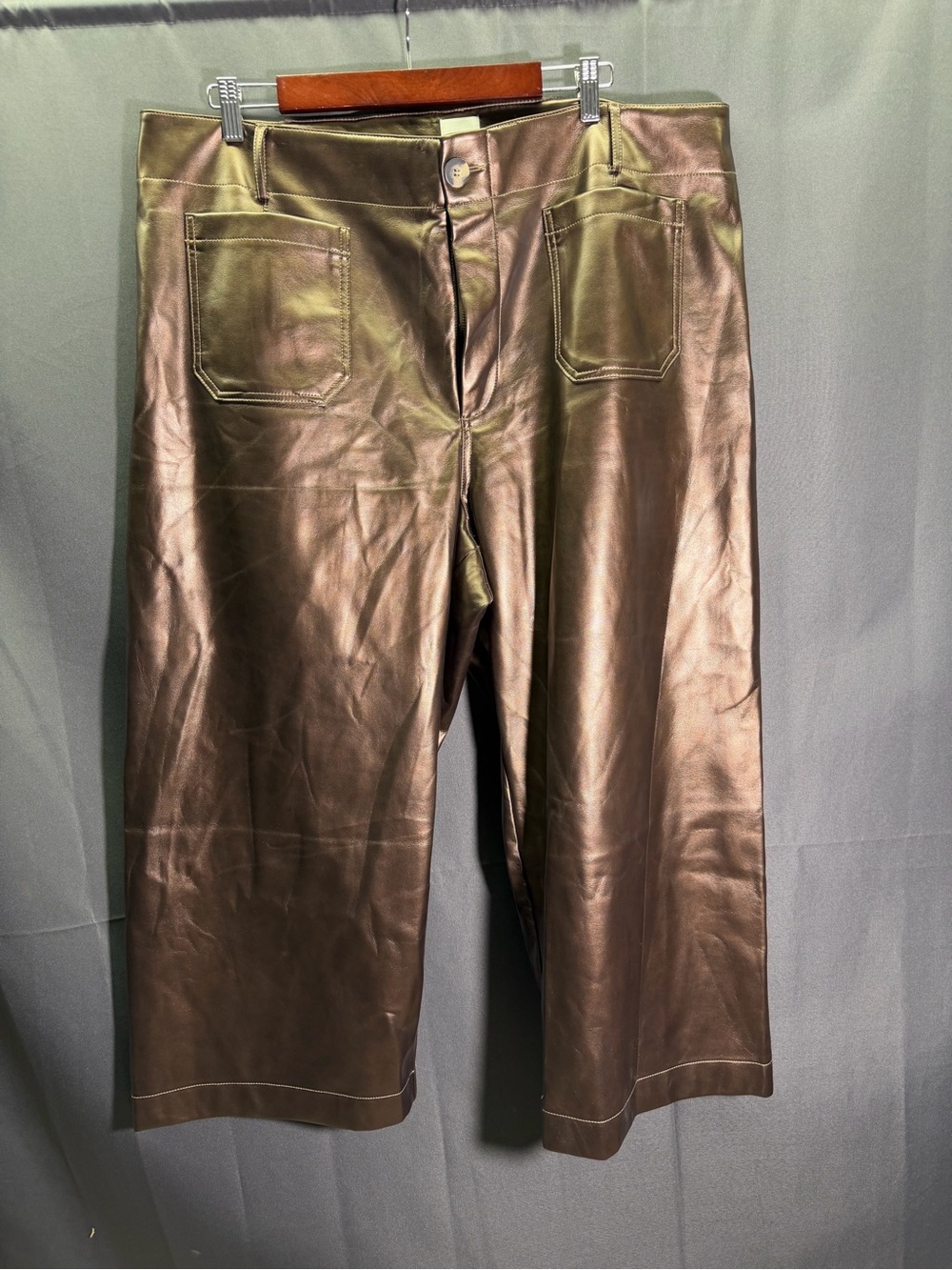 Anthropologie Maeve Colette Wide Leg Brown Crop Pants 22W Faux Leather Shine